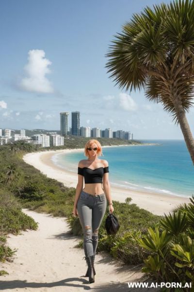 Ginger female sexy pornstar hooker in tight black sport tshirt bare shoulders lowered sleeves cleavage in gray dusty skintight jeans in punk boots she walk edge of mountain path ocean landscape - ai-porn.ai on pornsimulated.com