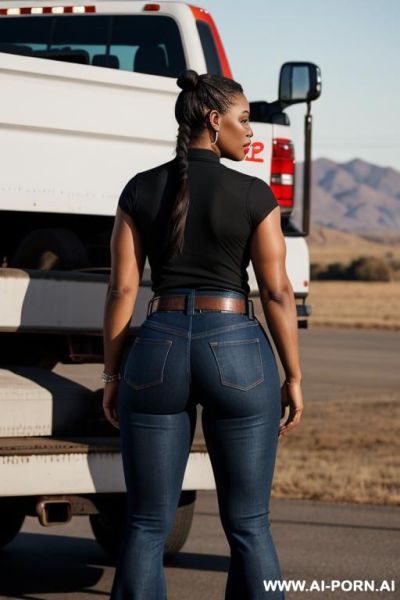 Ebony ,flared blue jeans, belt, ass, booty, gystyle position - ai-porn.ai on pornsimulated.com