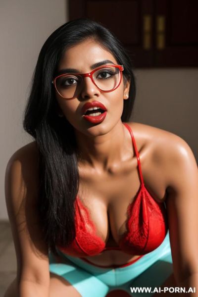 A bangladeshi woman kneeling and looking up, in glasses, open mouth, red lips, looking at the viewers, - ai-porn.ai on pornsimulated.com