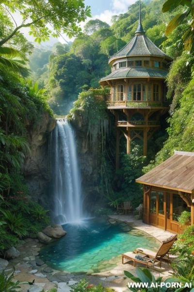 Wood cabin hotel in woods mountain hills jungle island beach several female lesbian nude orgy blonde long wavy blond in mountains landscape river cove outside view at steampunk castle mansion - ai-porn.ai on pornsimulated.com