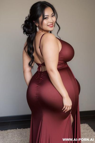 Full thick body realistic photo. round face, a curvy asian big tits milf, wearing long dress with thig high slits on the back, messy hair updos with claw clips, view from back but her seductive face turning to camera, she is smiling - ai-porn.ai on pornsimulated.com