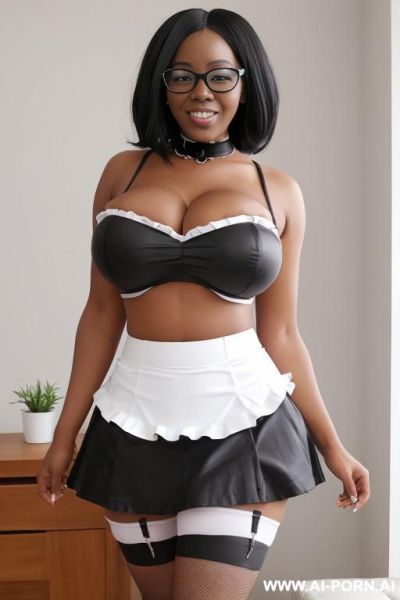 Black skin from head to toes, black woman, african, round face, fat face cheeks, beaver smile, pointed smile, short dreadlocks to her neck, sexy ass from behind - ai-porn.ai on pornsimulated.com