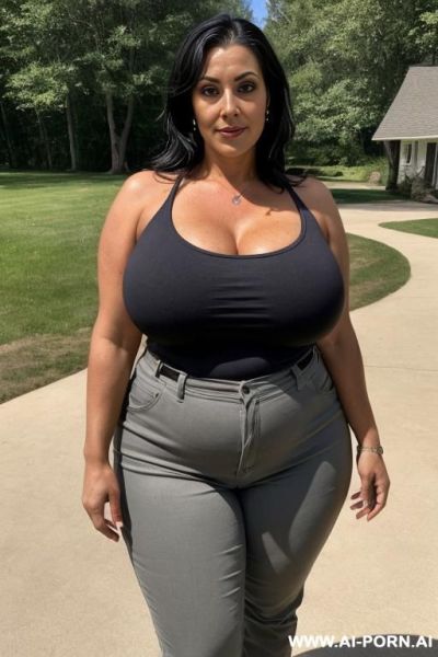 Milf, sexy face, tall busty body, gigantic oval tits, teapered waist, wide hips, heavy sexy makeup, hourglass figure, ((keep face)), ((keep body)), sunny summer day, outside large lake house on the lake, - ai-porn.ai on pornsimulated.com