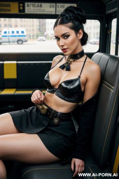 A sexy curvy russian woman 20years old with milky white skin and her hair on her face in bus, with sexy big breasts and her shoulder and thighs is clear and open her leg and she puts - ai-porn.ai - Russia on pornsimulated.com