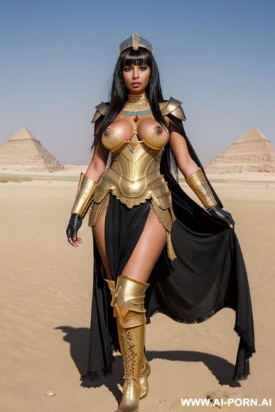 Egyptian empress, skirt, tiara, dark hair, bangs, gold armour, boots, tanned skin, dark skin, gloves, choker, beauty face, horny face, topless, naked boobs, natural boobs, saggy boobs, large boobs, desert, windy - ai-porn.ai - Egypt on pornsimulated.com