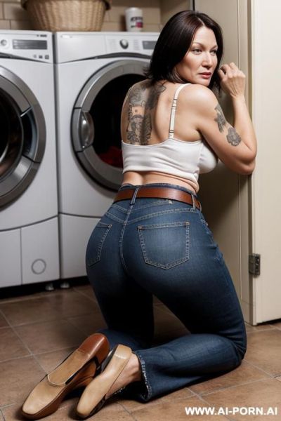 Mature, straight jeans, leather belt, brown flats oxford shoes, tattoo - ai-porn.ai on pornsimulated.com