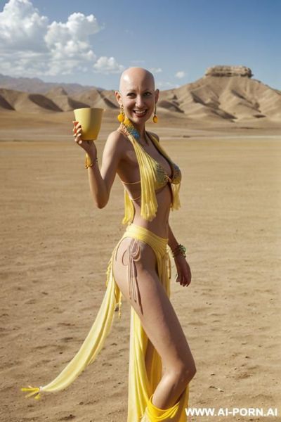 Hyperrealism painting: full-length of slender bald japanese womans with friends, age twenty, ((a cup teardrop boobs)), on the desert field, bald head, art - ai-porn.ai - Japan on pornsimulated.com