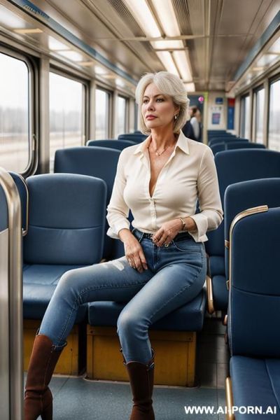 Mature woman, tight blue jeans, cream ridding flats long boots - ai-porn.ai on pornsimulated.com