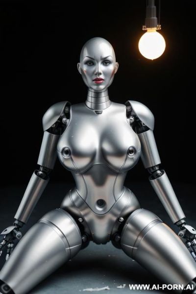 Damaged robot, full body view, lying on stomach on floor in spaceship, metallic dildo in right hand, spreading straight legs, beautiful angry human face with tanned silicone skin, shouting, big - ai-porn.ai on pornsimulated.com