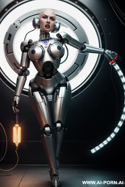 Damaged robot, full body view, lying on stomach on floor in spaceship, metallic dildo in right hand, spreading straight legs, beautiful angry human face with tanned silicone skin, shouting, big - ai-porn.ai on pornsimulated.com