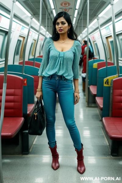 Bangladeshi woman, colored top, tight blue jeans, turquoise ridding flats boots - ai-porn.ai on pornsimulated.com