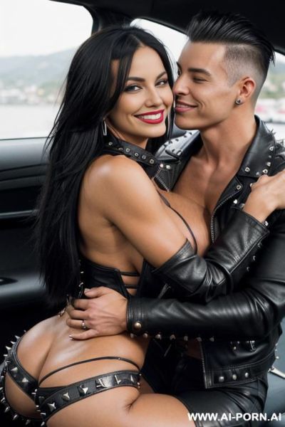 ((((colombian milf hugging and kissing a twenty year old muscular punk man on the lips)))) (((((((gigantic tits))))))) and (((long hair))), (makeup) , (((tight spiked studded black leather jacket))) - ai-porn.ai - Colombia on pornsimulated.com