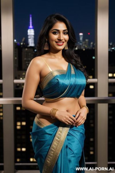 Blue sari, balcony at a luxury hotel in manhattan, night time, lean, (photorealistic), (ultra detailed photo), (hyper realistic photo), (busty), ( mukerji ) - ai-porn.ai on pornsimulated.com