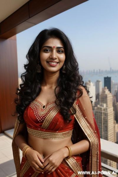 Colorful dupatta, standing in a fancy luxurious sky rise penthouse in manhattan, photorealistic, dark complexion, (ultra detailed photo), (hyper realistic photo) - ai-porn.ai on pornsimulated.com