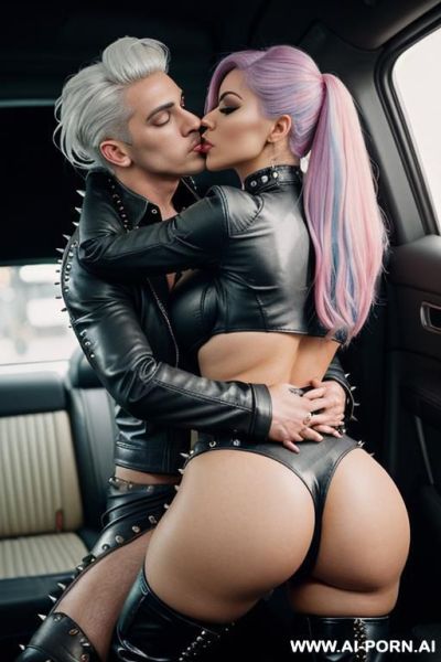 ((((persian rap gilf hugging and kissing a twenty year old muscular punk man on the lips)))) with (((((((gigantic tits))))))) and (((long hair))), ((((makeup)))) , (((tight spiked studded red leather - ai-porn.ai - Iran on pornsimulated.com