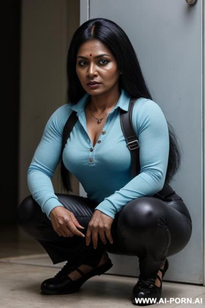 Bangladeshi mature woman, 153 cm h, very dark black skin, light-blue outfit, keep face - ai-porn.ai on pornsimulated.com