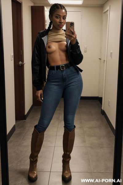 Bangladeshi mature woman, very dark skin, straight blue jeans, leather belt, beige riding long boots, twerk pose - ai-porn.ai on pornsimulated.com