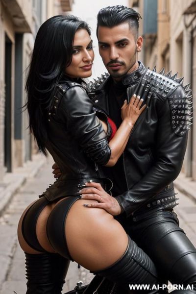 ((((arab biker milf hugging w twenty year old muscular punk man)))) with ((((((gigantic tits)))))) and (((long hair))), (makeup) , (((tight spiked black leather jacket))) (((tight spiked black leather - ai-porn.ai on pornsimulated.com