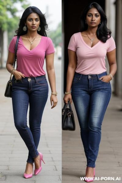 Bangladeshi woman, very dark skin, pink top, straight blue jeans, oxford shoes - ai-porn.ai on pornsimulated.com