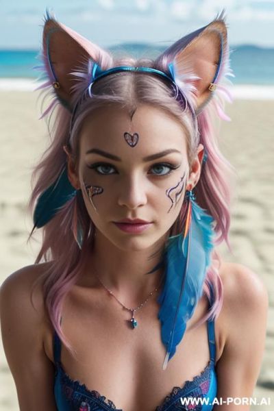 Face, ((sexy)), beautiful, ((face painting)), ((bikini as seashell)), ((tattoo roses)), ((eyes shw)), ((angel wings)), ((rainbow hair)), ((one rose in hair) ((long bu hair)), ((wind)), (( cat face)), - ai-porn.ai on pornsimulated.com