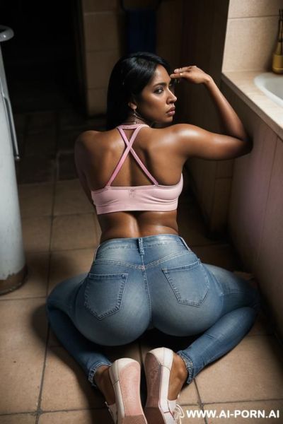 Bangladeshi woman, very dark skin, pink top, straight blue jeans, white panties, oxford shoes, twerk pose, from behind - ai-porn.ai on pornsimulated.com