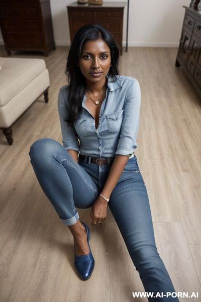 Bangladeshi mature woman, very dark skin, straight light-blue jeans, oxford shoes, (((camera is on the floor))), between her legs - ai-porn.ai on pornsimulated.com