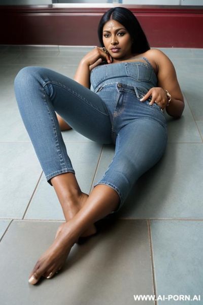 Bangladeshi mature woman, very dark skin, straight light-blue jeans, (((view from the ground))), (((camera is on the floor))), between her legs - ai-porn.ai on pornsimulated.com