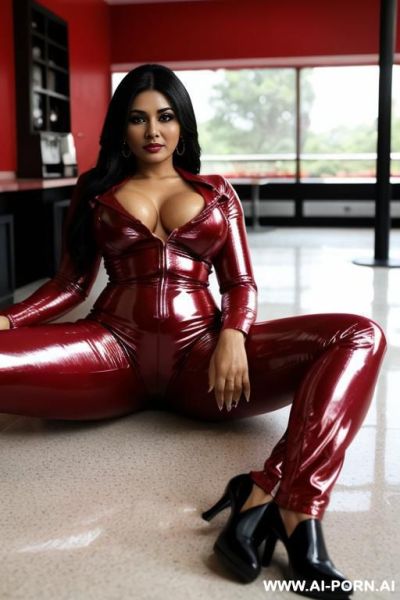 Bangladeshi mature woman, very dark skin, red shiny clothes, pants so tight, (((view from the ground))), show her ass, (((camera is on the floor))), between her legs - ai-porn.ai on pornsimulated.com