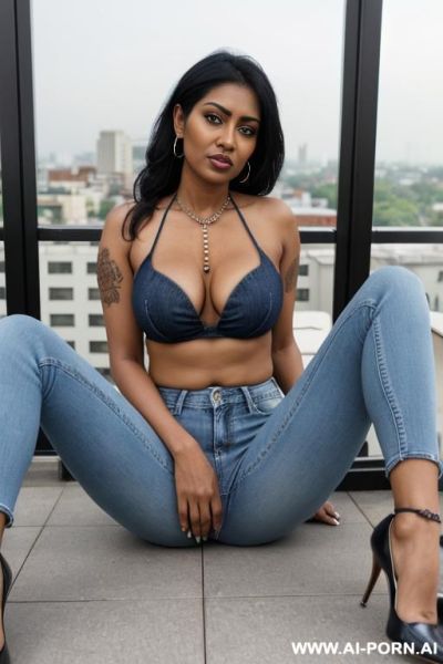 Bangladeshi mature woman, very dark skin, straight light-blue jeans, oxford shoes, tattooed, spread legs, view from the ground, kissing ice cream - ai-porn.ai on pornsimulated.com