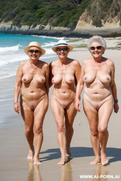 A group of old womans nudist walking beach naked an smile to nudist young womans - ai-porn.ai on pornsimulated.com