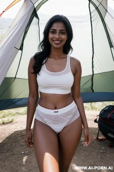 Bangladeshi woman, very dark skin, transparent white top, granny panties, hiking shoes, socks - ai-porn.ai on pornsimulated.com