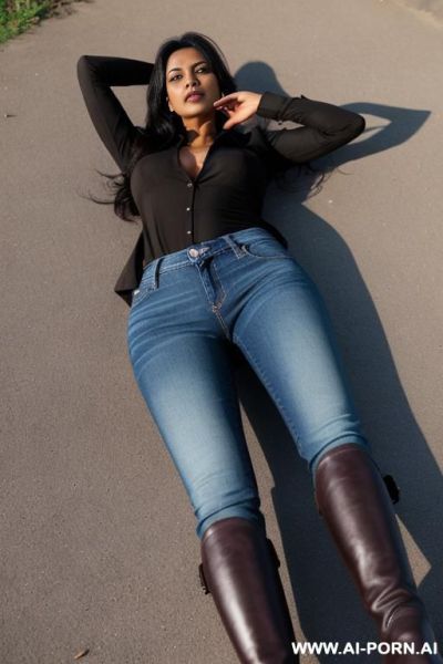 Bangladeshi mature woman, dark skin, black ethnicity, tight blue jeans, light-brown ridding long boots, camera is lying on ground - ai-porn.ai on pornsimulated.com