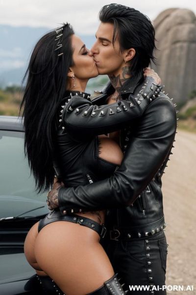 ((((colombian milf hugging and kissing a very handsome twenty year old muscular punk man on the lips)))) (((((((gigantic tits))))))) and (((long hair))), (makeup) , (((tight spiked studded black - ai-porn.ai - Colombia on pornsimulated.com