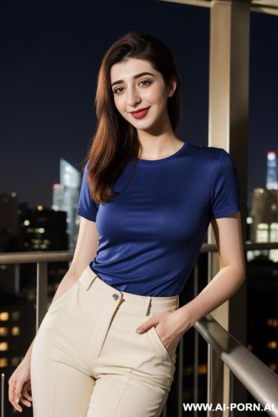 Blue short sleeve crew neck shirt, fancy business pants, balcony at a luxury hotel in manhattan, night time, lean, (photorealistic), (ultra detailed photo), (hyper realistic photo), (urwa hocane ), hud3 - ai-porn.ai on pornsimulated.com