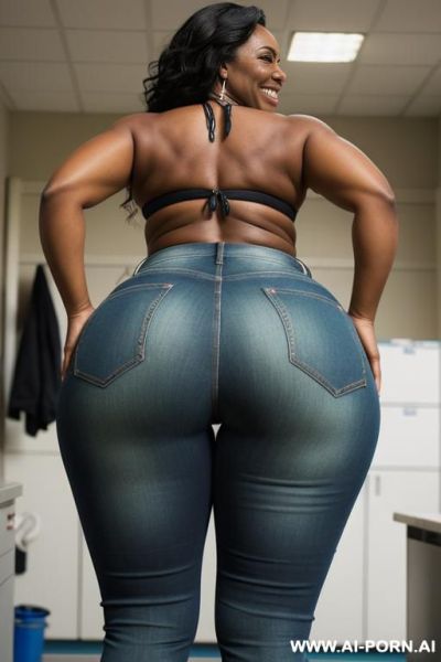 Ebony mature woman, light-green extreme micro slingshot bikini, light-blue bootcut jeans, (((extra low angle ))), view from ground, between her legs, show her ass, ((full shot)) - ai-porn.ai on pornsimulated.com