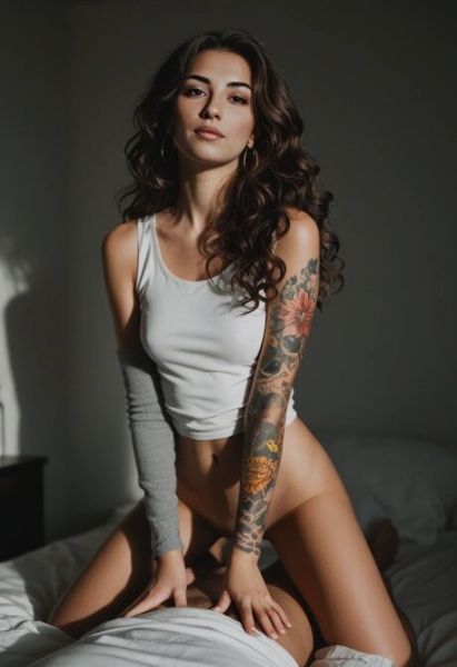 Pretty curly haired brunette rides a big dick in an AI generated scene - pornpics.com on pornsimulated.com
