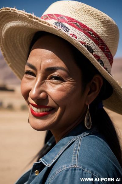 Aymara woman, dark skin, cholita clothes, bombín hat - ai-porn.ai on pornsimulated.com