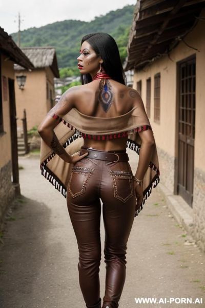 Guatemala woman, dark skin, short red colored poncho, straight beige leather pants, belt, oxford shoes, twerking, from behind, tattooed, beautiful face paint, ((village background)) - ai-porn.ai on pornsimulated.com