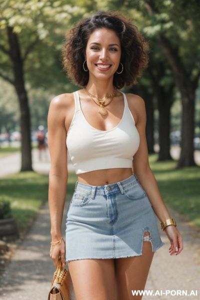 A photorealistic image of a fit and beautiful woman with very light-brown, she had a determined look on her face, sincere smile, wide hips. romantic summer vacation with elegant and beautiful - ai-porn.ai on pornsimulated.com
