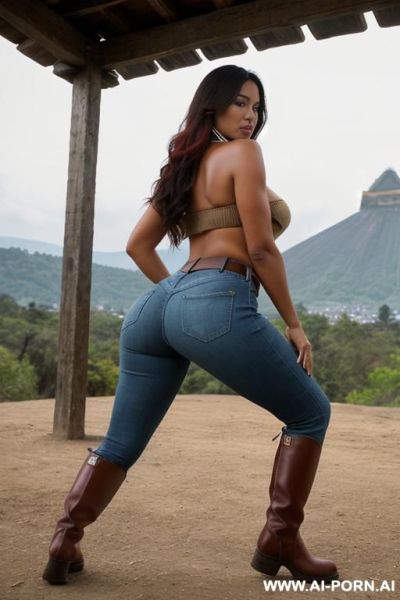 Guatemala woman, dark skin, red short colored poncho, straight blue jeans, belt, beige riding long boots, view from the ground, ((between her legs)), show ass, ((full body view)), extra low angle view, twerking - ai-porn.ai on pornsimulated.com