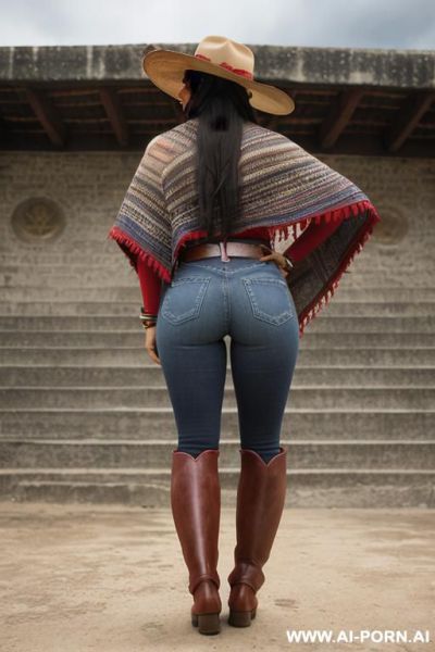 Guatemala woman, dark skin, red short colored poncho, straight blue jeans, belt, beige riding long boots, hat, view from the ground, ((between her legs)), show ass, ((full body view)), low angle view - ai-porn.ai on pornsimulated.com
