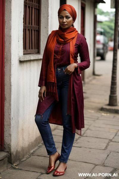 Bangladeshi woman, very dark skin, red colored ethnic clothes, monk shoes, head scarf - ai-porn.ai on pornsimulated.com
