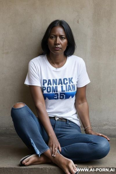Angry panama woman, dark skin, straight blue jeans, panama team t-shirt, monk shoes - ai-porn.ai on pornsimulated.com