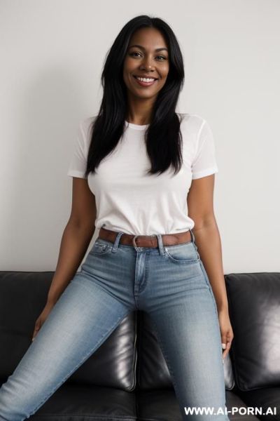 Panama woman, dark skin, straight blue jeans, panama style t-shirt, low flats shoes, spread legs, ((view from the ground)), extra low angle view, ((light up photo the pussy area)) - ai-porn.ai on pornsimulated.com