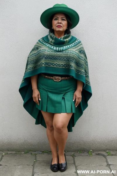 Native guatemala gilf, angry, chubby, short green colored poncho, ligh-blue corte skirt, oxford shoes, hat - ai-porn.ai on pornsimulated.com
