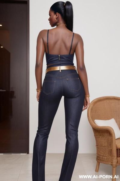 Ebony, bootcut blue jeans, round ass, golden belt, oxford shoes - ai-porn.ai on pornsimulated.com