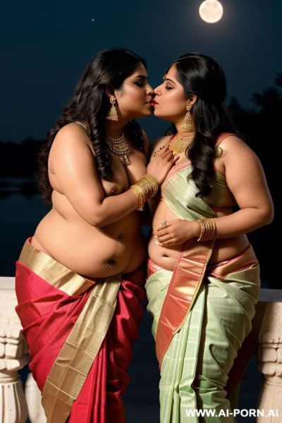 Ancient indian chubby queen in a traditional saree is kissing a full naked complete naked total naked nude undressed indian chubby female with shaved vagina under the moon - ai-porn.ai - India on pornsimulated.com