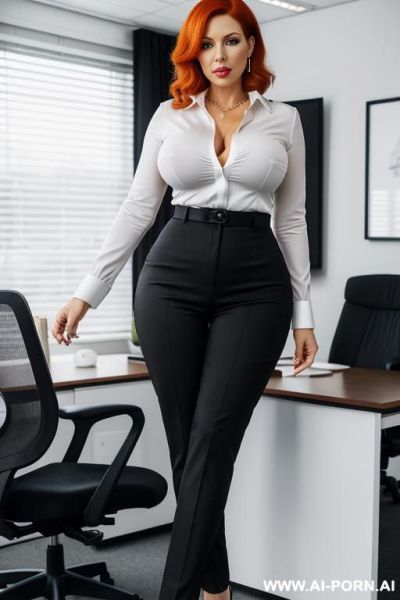 Secretary bimbo, wearing skin tight black cotton business pants, skin tight white blouse, thick thighs, high heels, standing with legs apart - ai-porn.ai on pornsimulated.com