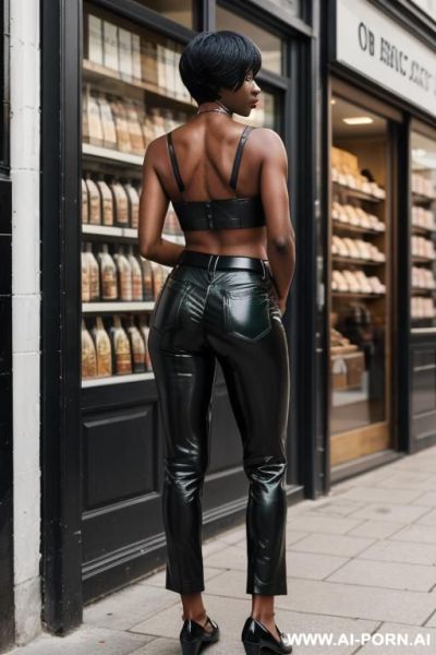 Mature ebony, vintage brown leather pants, pear form ass, oxford shoes, green belt - ai-porn.ai on pornsimulated.com