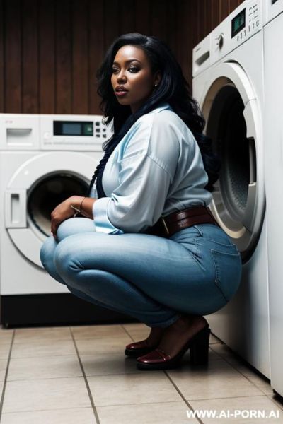 Ebony, flared blue jeans, round ass, leather belt, oxford shoes - ai-porn.ai on pornsimulated.com